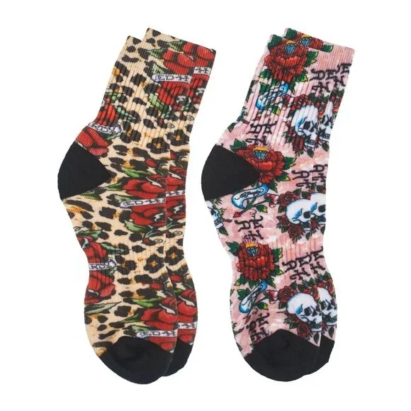 Ed Hardy Womens Cushioned Printed Mid Crew Sock Size 4-10 - Picture 1 of 5